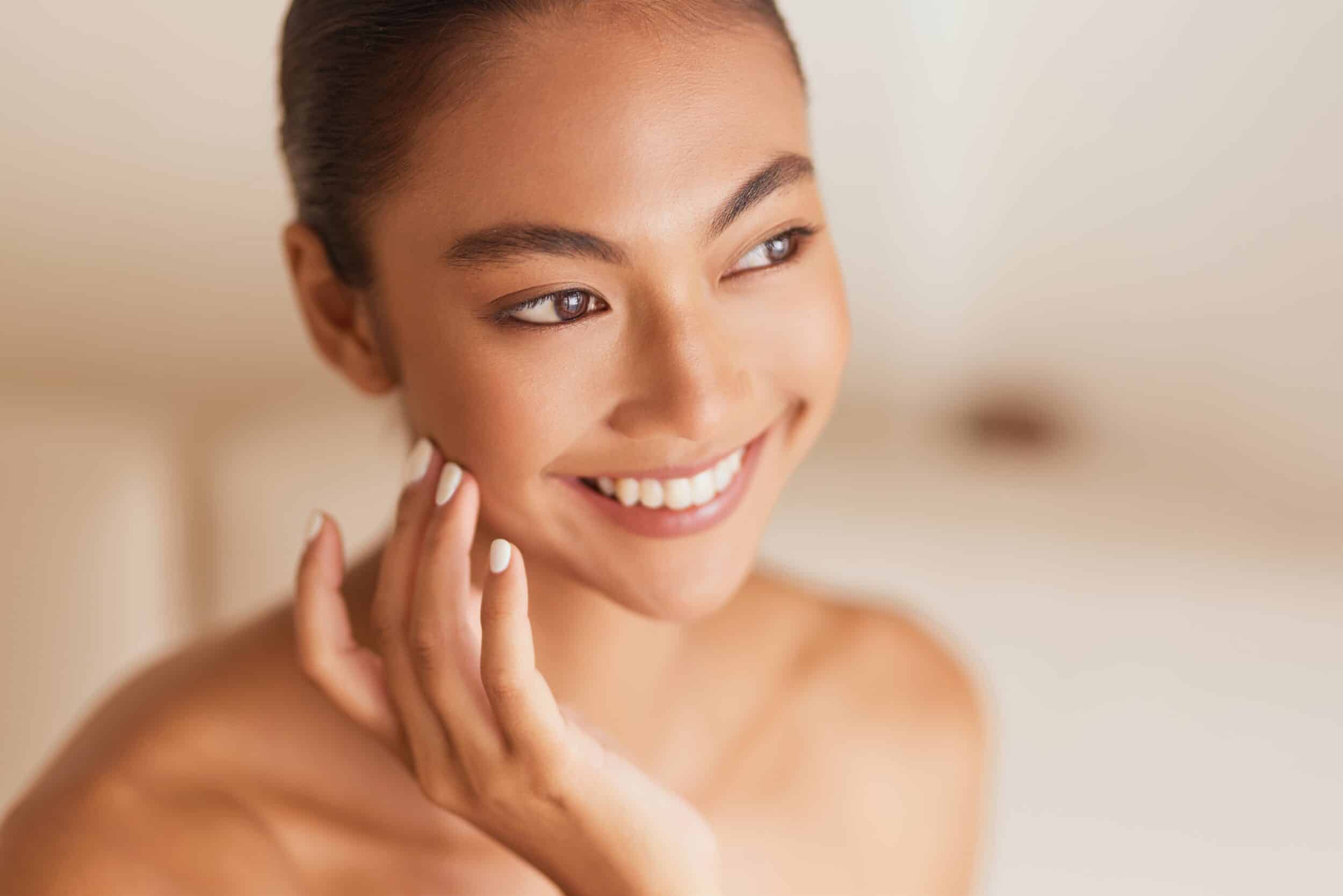 Perfect,Skin,Woman.,Smiling,Female,With,Flawless,Skin,Touching,Her Perfect,Skin,Woman.,Smiling,Female,With,Flawless,Skin,Touching,Her