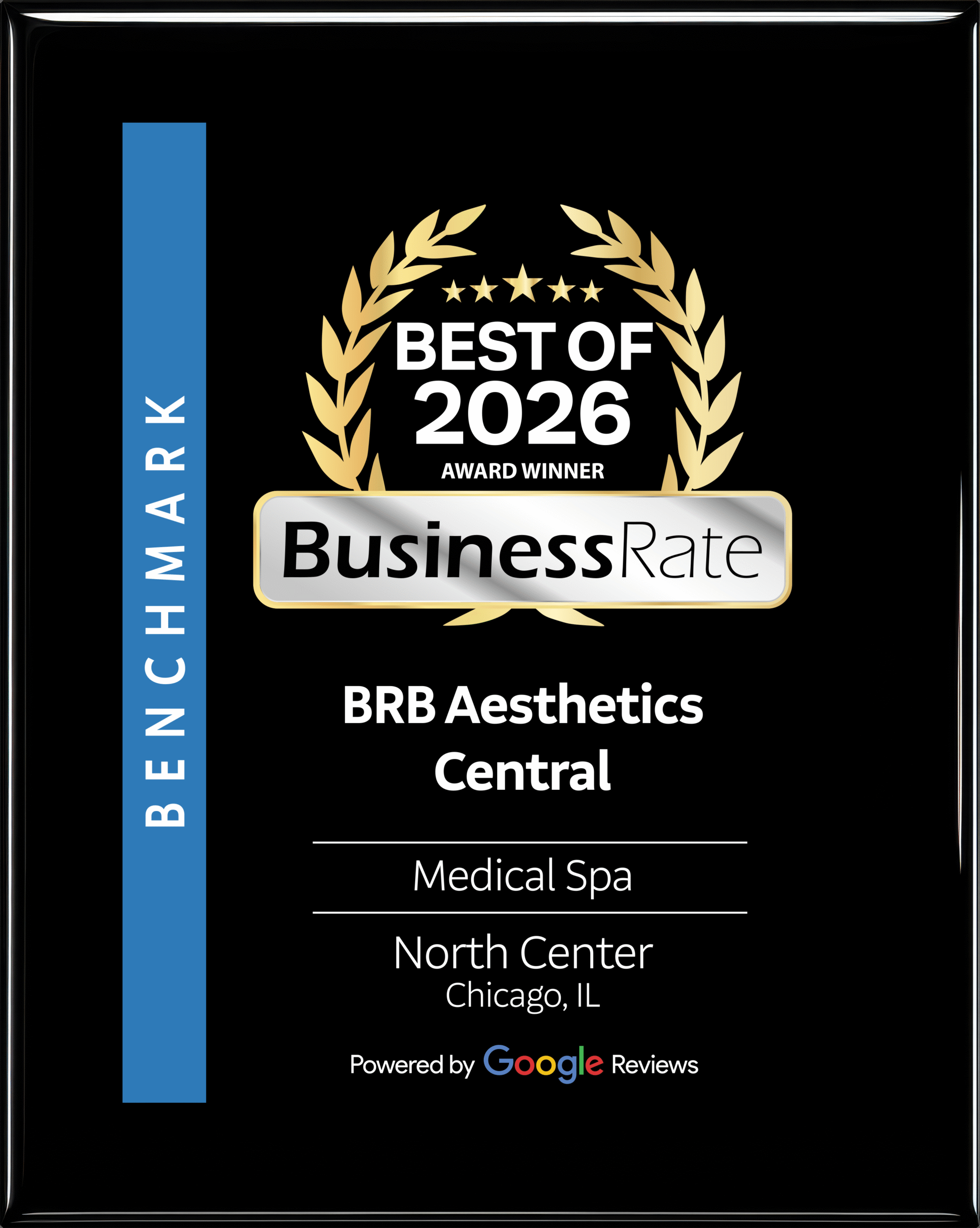 A representative accepts an official award plaque for BRB Aesthetics Central, celebrating excellence in Chicago medical spa services.